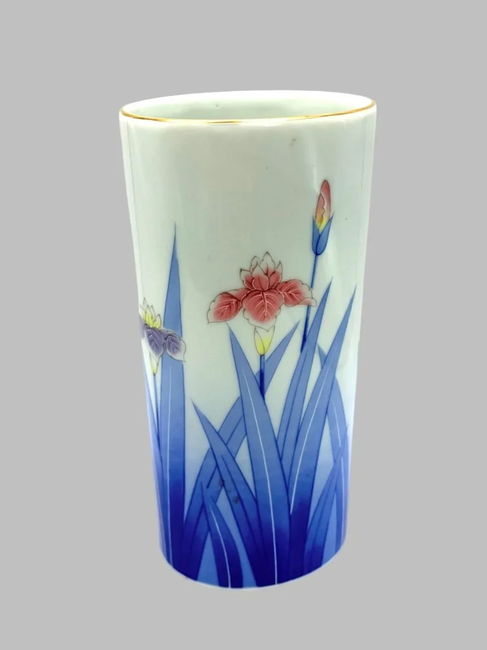 Vintage Japanese Porcelain Iris Floral Vase Blue White Gold Rim 8.5
